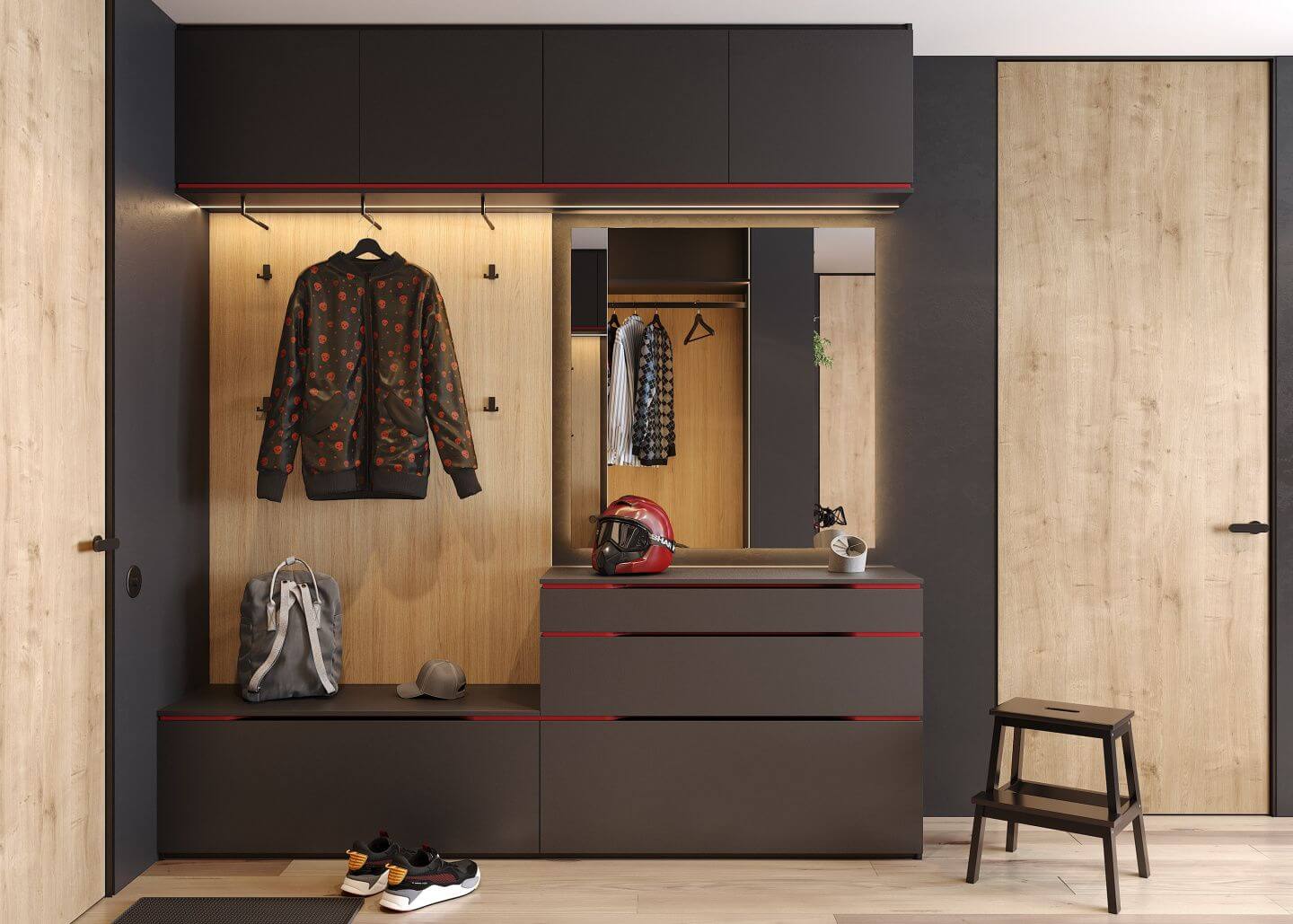 /Темный шкаф в прихожую №229 с яркими акцентами на заказ